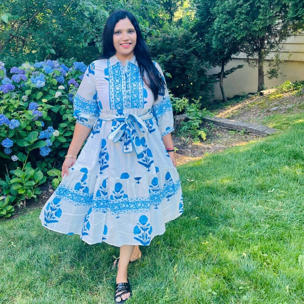 BRAND NEW Hand Block Printed Dress White & Blue Dress Summer Midi Dress Gift Him